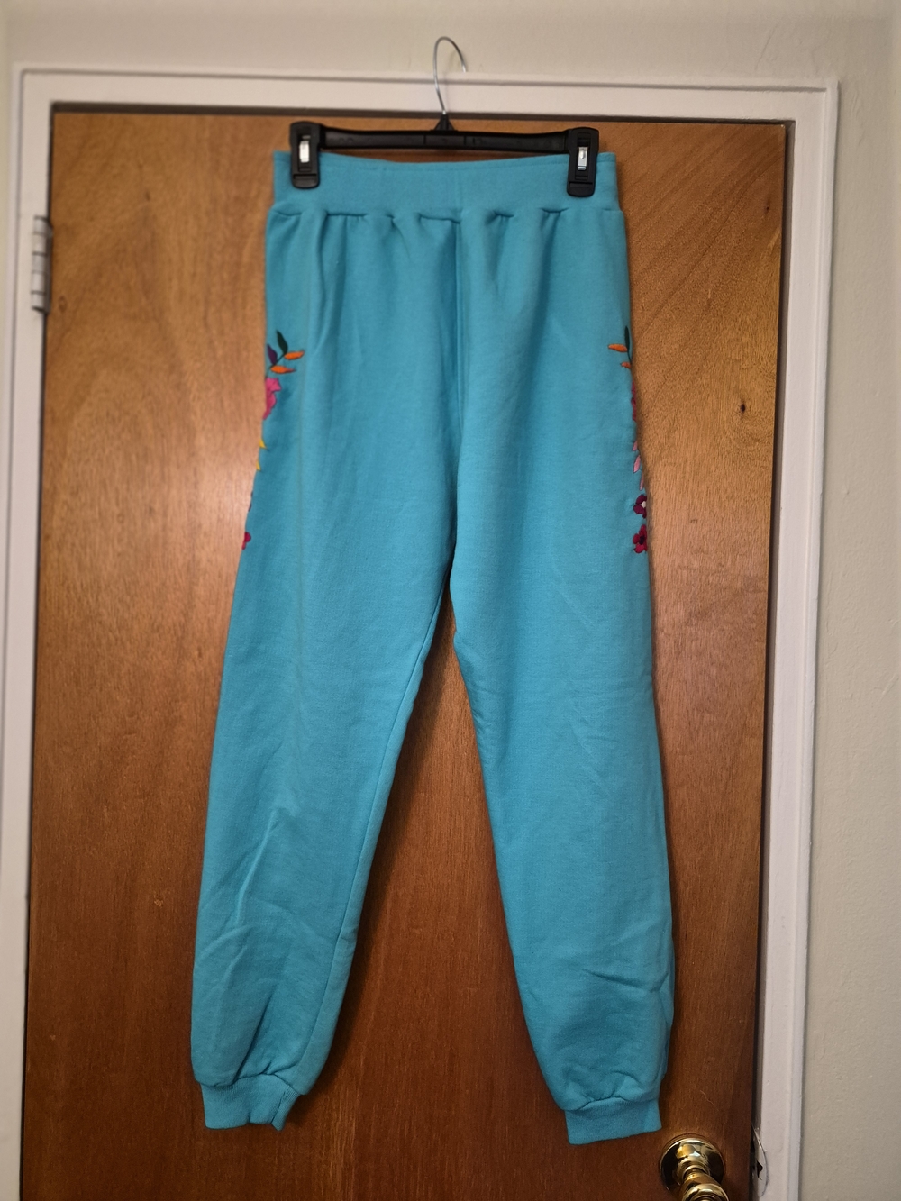 Teal Floral-Embroidered Sweatpants